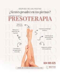 🦵✨ Presoterapia: el tratamiento ideal después de las fiestas

Después de las fiestas es habitual sentir piernas cansadas, pesadez o retención de líquidos.
La presoterapia es uno de los tratamientos más demandados en medicina estética para favorecer el drenaje linfático, mejorar la circulación y recuperar la sensación de ligereza en las piernas.

Un tratamiento corporal no invasivo que ayuda a:
✨ Reducir la retención de líquidos
✨ Aliviar la sensación de pesadez
✨ Mejorar el retorno circulatorio
✨ Aportar bienestar y confort desde la primera sesión

Ideal para retomar la rutina y empezar el año cuidando tu cuerpo.

📍 Clínica Belveh · Medicina Estética en Sevilla
📞 604 985 625

✨ Consúltanos y te asesoramos de forma personalizada.

⚕️ Los resultados pueden variar según cada paciente. Valoración previa recomendada.